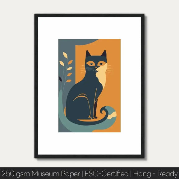 Matisse-style cat art print with nature elements in vibrant colors, museum-grade, ready to hang.