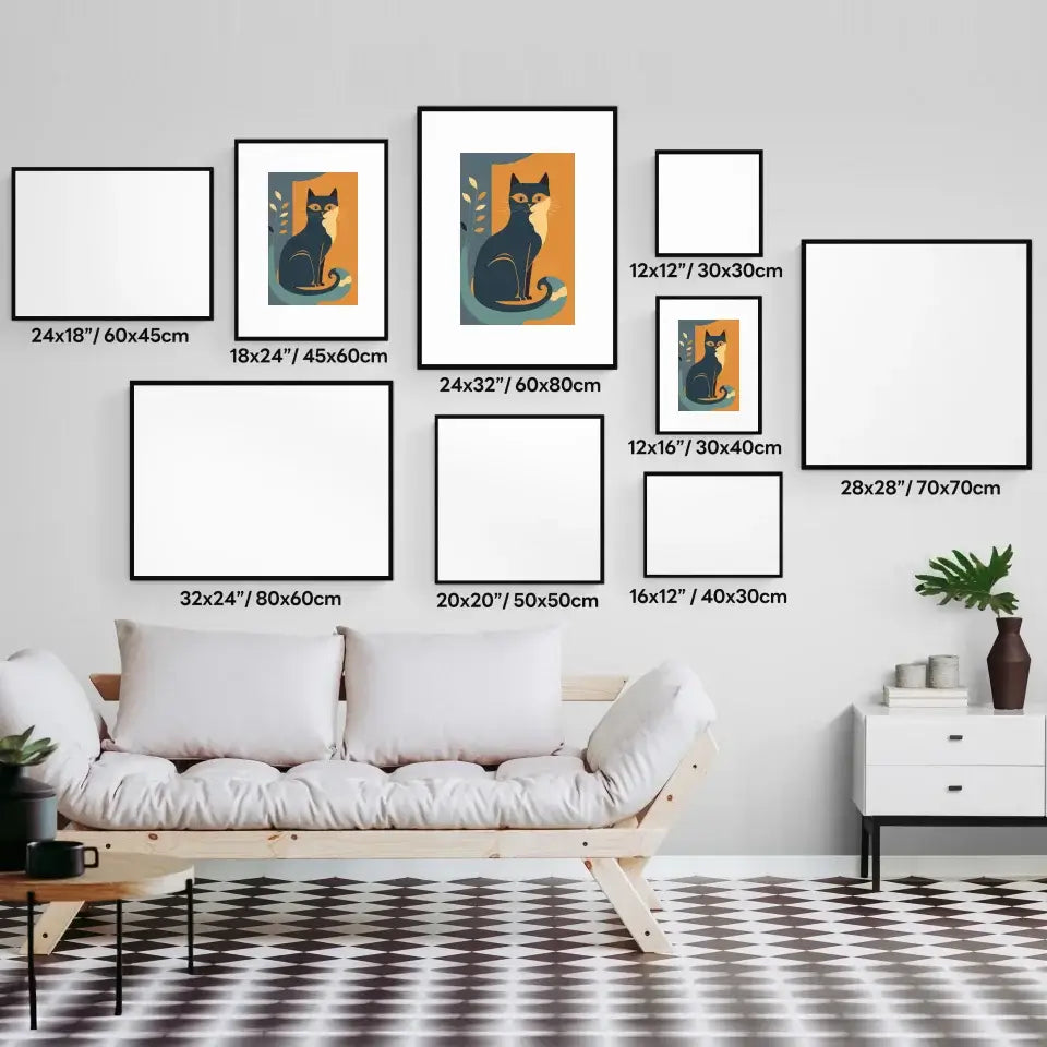 Gallery wall showcasing Nature Cat Matisse prints in various sizes, featuring elegant cat design and vibrant colors.