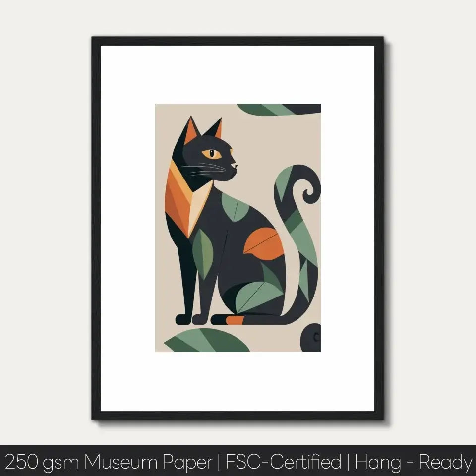 Matisse style cat print in black frame on 250gsm museum paper, featuring bold colors and elegant lines, FSC-certified, hang-ready.