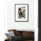 Stylish living room with Matisse-style elegant cat print on wall, featuring bold colors and graceful lines for modern art decor.