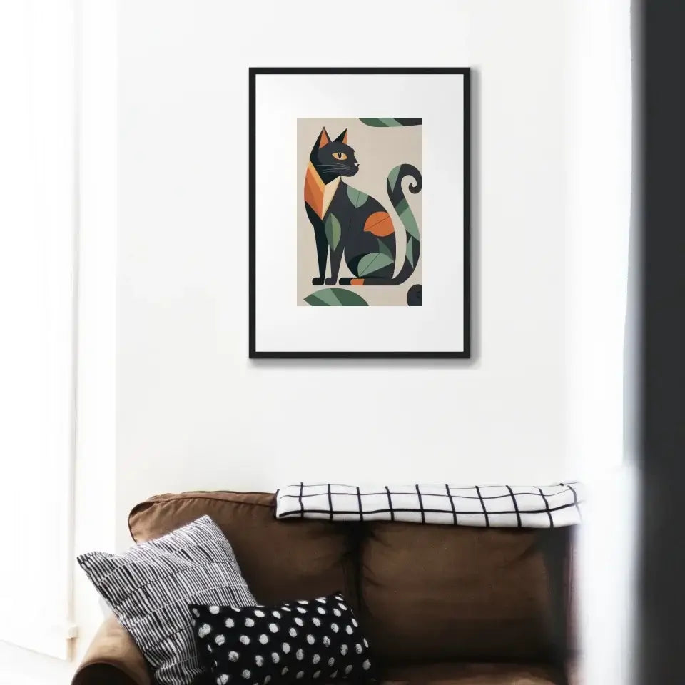 Stylish living room with Matisse-style elegant cat print on wall, featuring bold colors and graceful lines for modern art decor.