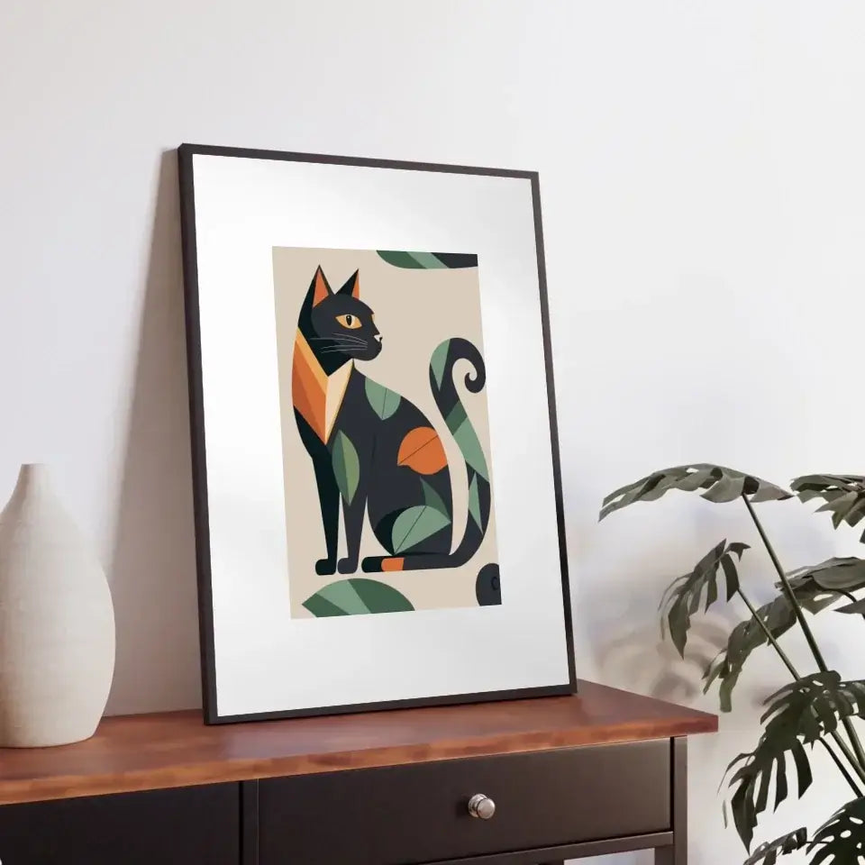 Matisse-style elegant cat art print with bold colors on a framed museum-grade paper, displayed on a wooden table with decor.