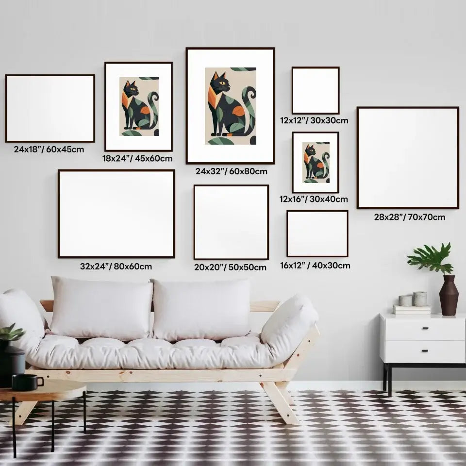 Matisse style elegant cat prints wall art display with various frame sizes in modern living room setting.