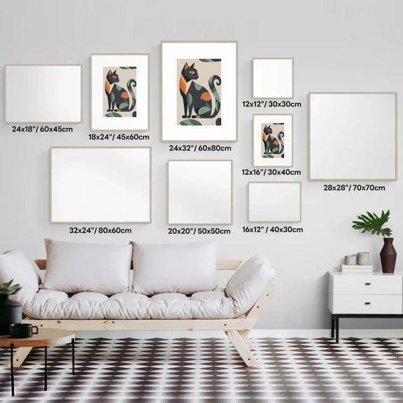 Matisse-style cat prints gallery wall display in various frame sizes in modern living room setting