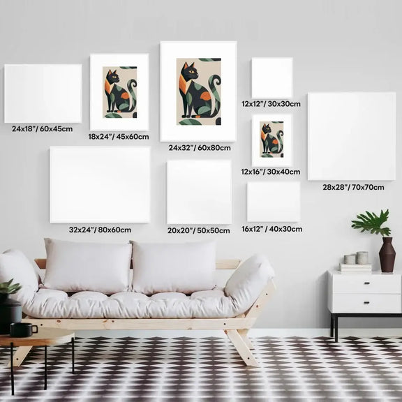 Matisse Elegant Cat Prints displayed in a modern living room, showcasing various sizes on a wall above a minimalist couch