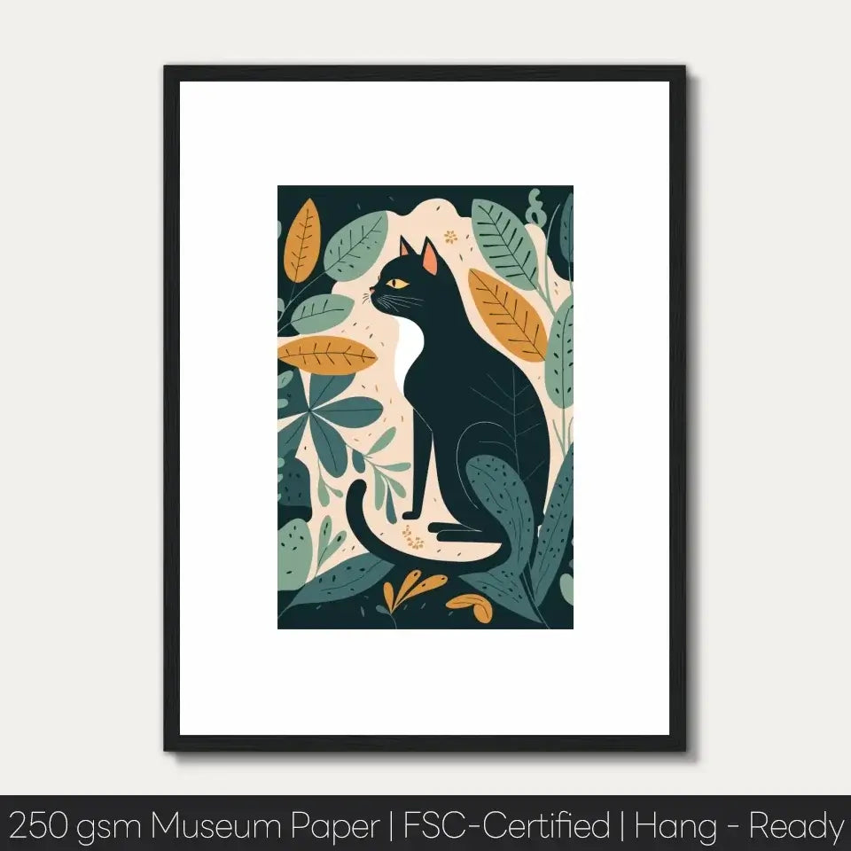 "Feline Foliage Matisse Print featuring a black cat amid vibrant botanical elements, on museum-grade paper, FSC-certified, hang-ready"