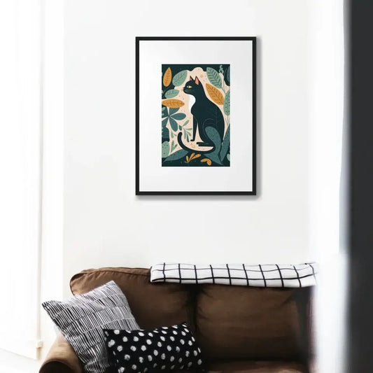 Matisse-inspired feline art print with botanical elements in a modern living room setting.