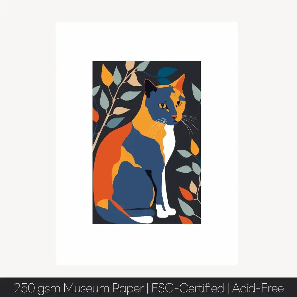 Colorful Matisse-inspired cat art print with vibrant hues and bold lines, printed on premium museum-grade paper.