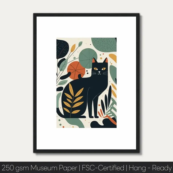 "Garden Cat Matisse print with vibrant colors and playful feline, museum-grade quality, framed and ready to hang."