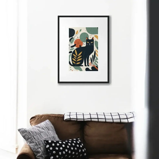 Framed Garden Cat Matisse Print in a living room, showcasing playful feline charm and classic art style on a white wall.