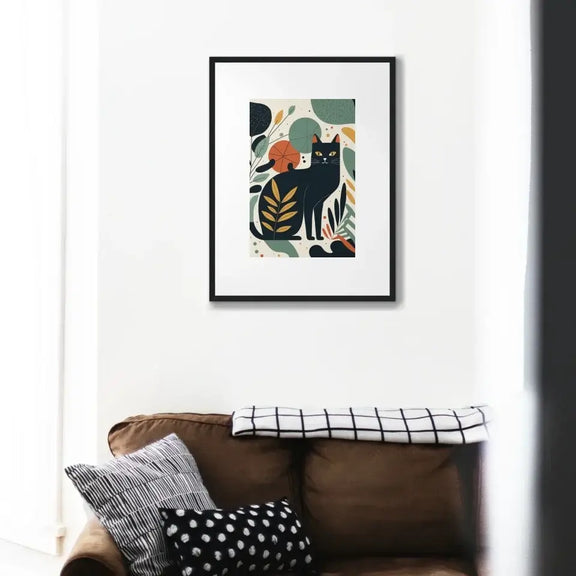 Framed Garden Cat Matisse Print in a living room, showcasing playful feline charm and classic art style on a white wall.