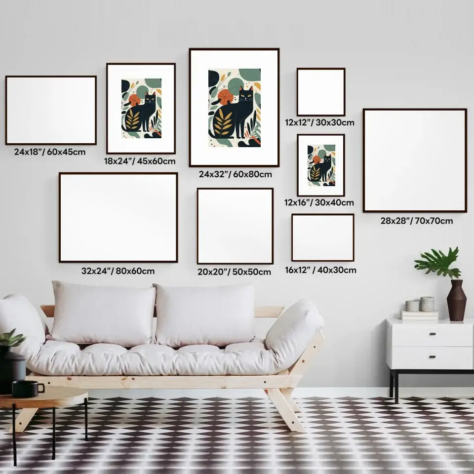 Wall gallery layout featuring various frame sizes around Matisse-inspired garden cat prints in a modern living room setting.