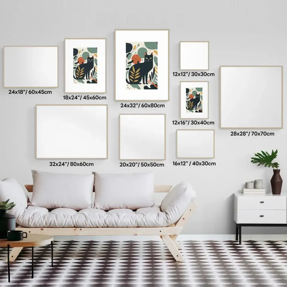 Gallery of framed garden cat Matisse prints in various sizes above a white couch in a modern living room setting.