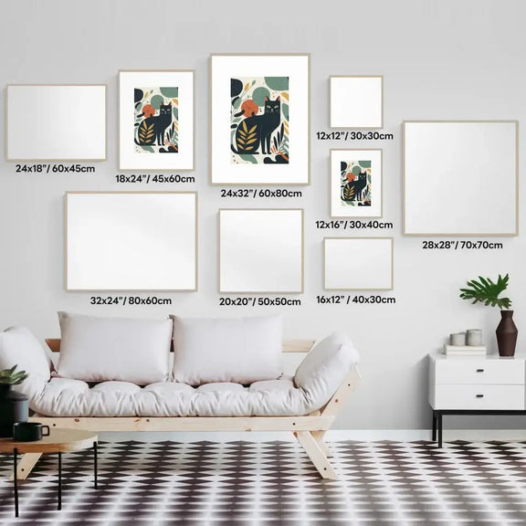 Gallery of framed garden cat Matisse prints in various sizes above a white couch in a modern living room setting.