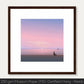 "Silent Paws Before Sunset art print featuring a cat at twilight with a pink sky, framed in dark wood, on museum-quality paper."