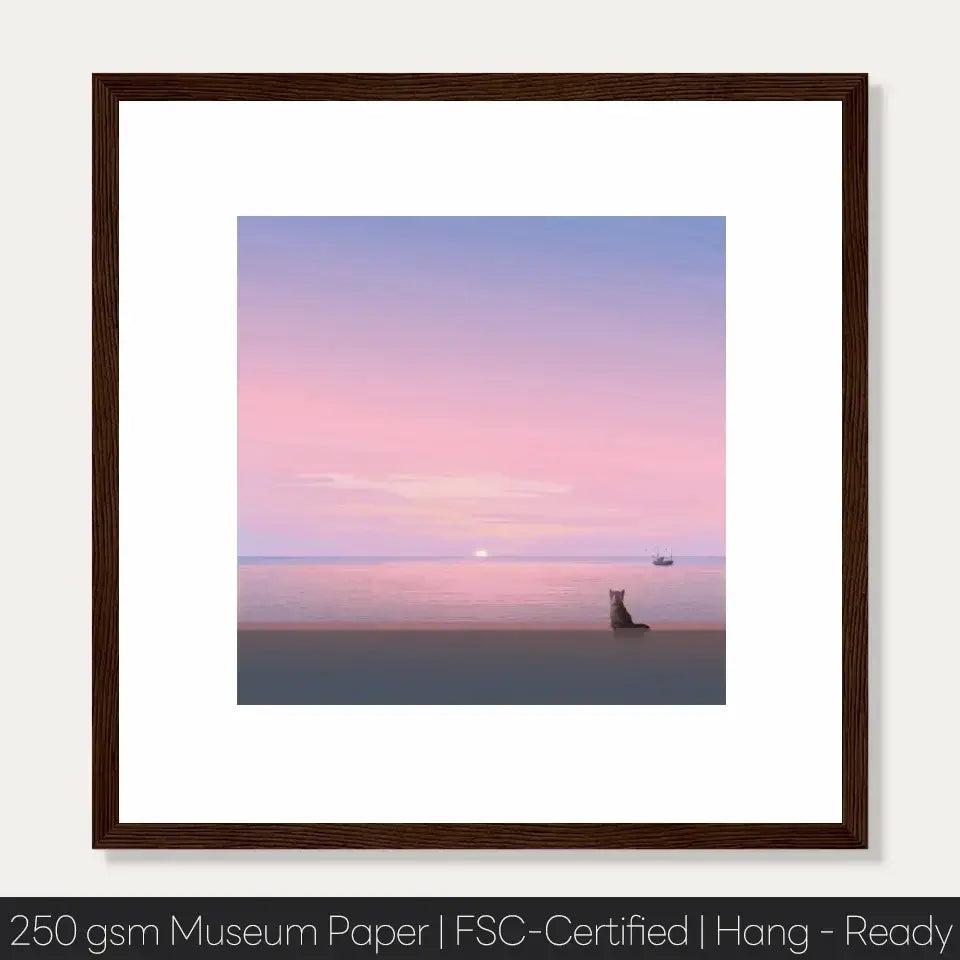 "Silent Paws Before Sunset art print featuring a cat at twilight with a pink sky, framed in dark wood, on museum-quality paper."