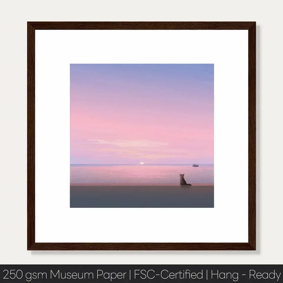 "Silent Paws Before Sunset art print featuring a cat at twilight with a pink sky, framed in dark wood, on museum-quality paper."