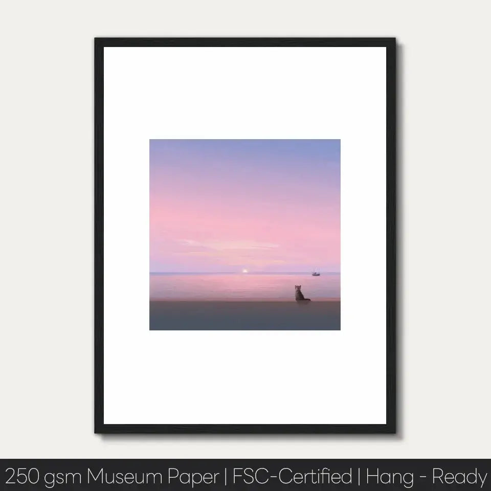 Silent Paws art print by Wasitt Hemwarapornchai with a cat at sunset, showcasing serene twilight landscape in calming pastel tones.