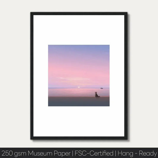 Silent Paws art print by Wasitt Hemwarapornchai with a cat at sunset, showcasing serene twilight landscape in calming pastel tones.