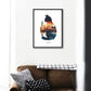 Watercolor cat silhouette featuring Austin skyline with Texas State Capitol and Frost Bank Tower, mounted on a wall above a sofa.