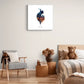 Watercolor art of Chicago skyline in cat shape, showcasing urban essence, displayed in a modern bedroom setting.