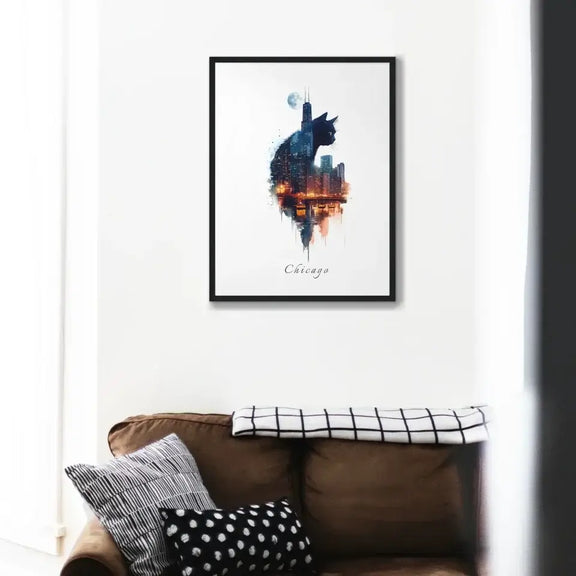 Watercolor artwork of Chicago skyline in cat silhouette, Cityscape Cats series, showcasing urban essence and architectural beauty.