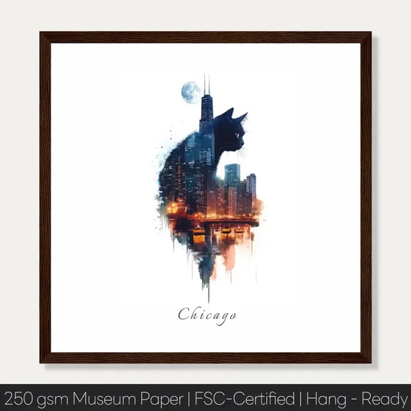 Watercolor artwork of Chicago skyline in silhouette of a cat, blending architecture and feline form on museum-quality paper.