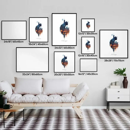 Gallery showcasing framed Cityscape Cats: Chicago Edition watercolor prints in various sizes on a living room wall.