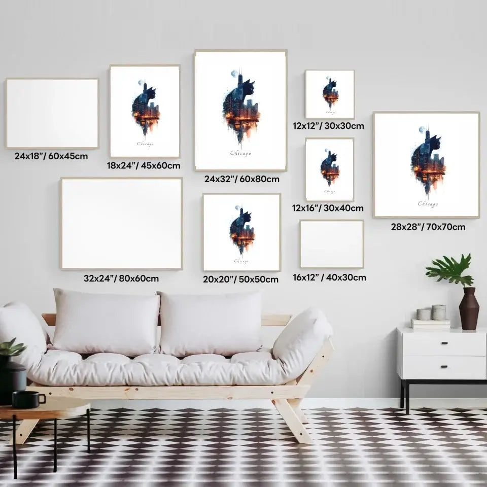 Wall display of "Cityscape Cats: Chicago Edition" watercolor prints in various sizes, featuring feline outlines with Chicago skyline.