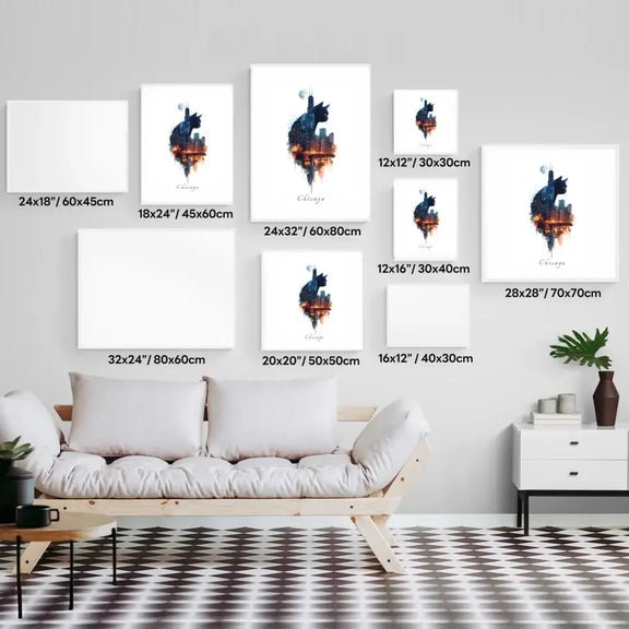 "Cityscape Cats Chicago Edition watercolor prints displayed in various sizes above a modern sofa in a stylish living room."