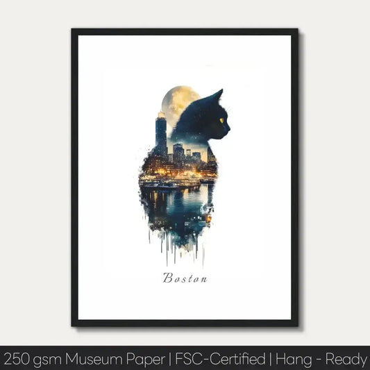 Watercolor art of a cat silhouette with Boston cityscape, blending traditional and modern elements on 250 gsm museum paper.