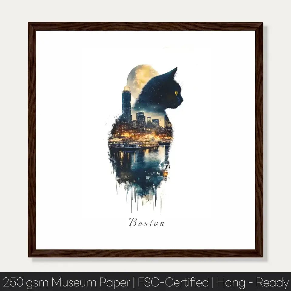 Watercolor of Boston cityscape in cat silhouette, Cityscape Cats Urban collection art.