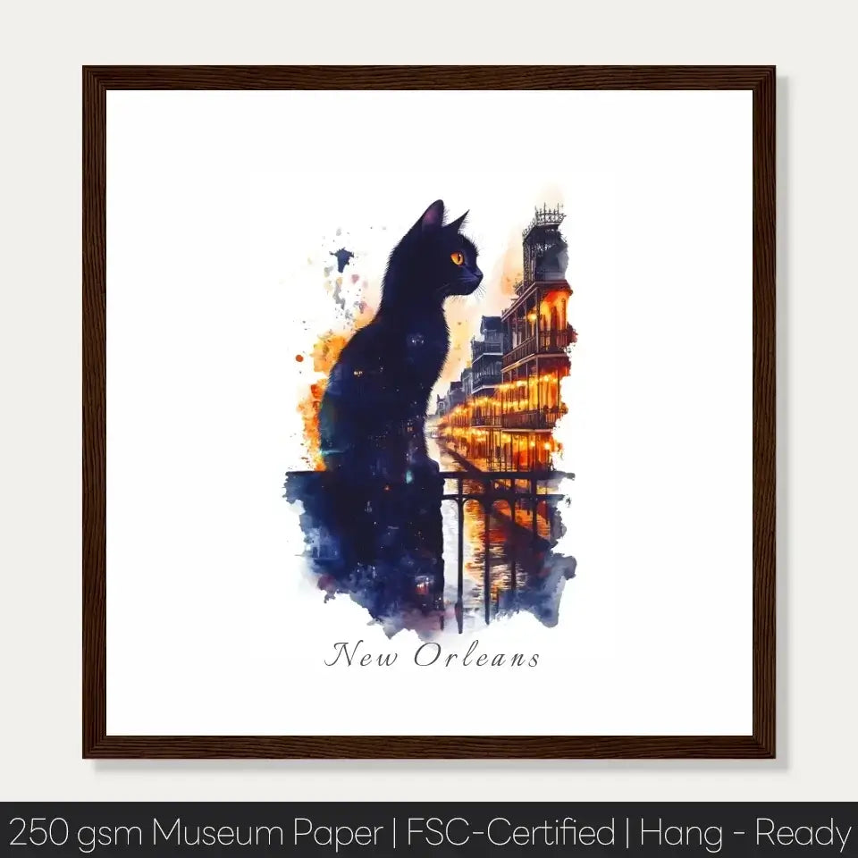 Watercolor of a cat representing New Orleans with vibrant cityscape elements like French Quarter and Bourbon Street.