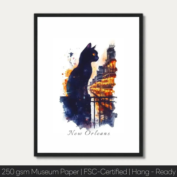 Watercolor of New Orleans cat silhouette with French Quarter and Bourbon Street elements, vivid colors reflect city’s dynamism.