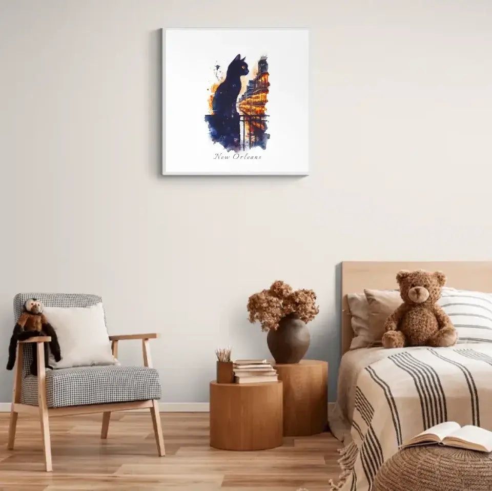 Watercolor art 'Cityscape Cats: New Orleans Edition' with a cat silhouette blending into New Orleans landmarks, hung in a cozy bedroom.