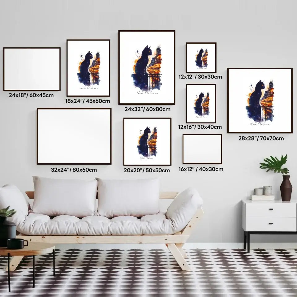 "Cityscape Cats: New Orleans Edition watercolor art displayed in various frame sizes on a wall above a modern sofa."