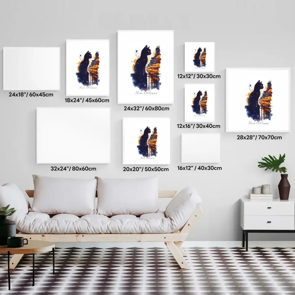 Gallery display of Cityscape Cats: New Orleans Edition watercolor prints in various sizes on a modern living room wall.