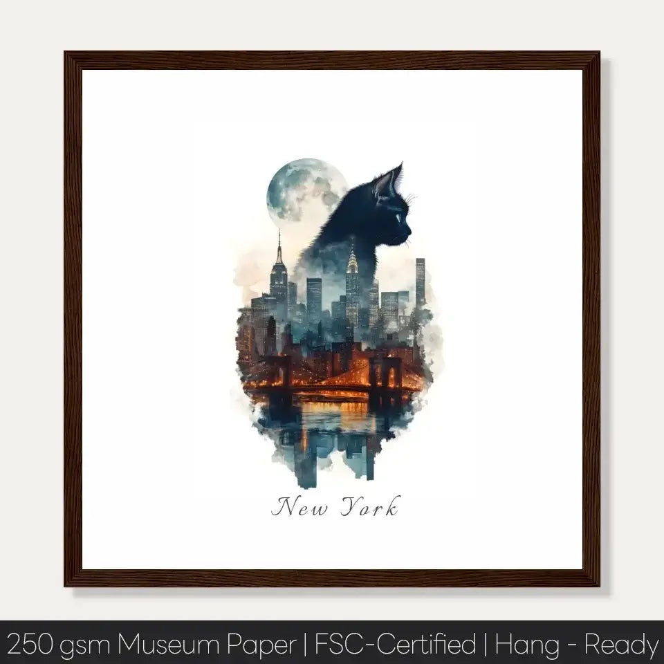 Watercolor artwork of New York skyline with cat silhouette, blending bright and dark colors to capture city energy and curiosity.