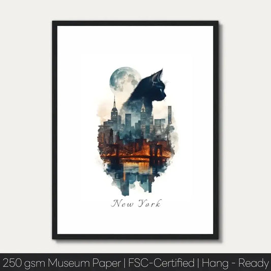 New York Cityscape Cats watercolor art with silhouette of cat over skyline, featuring vibrant colors and iconic landmarks.