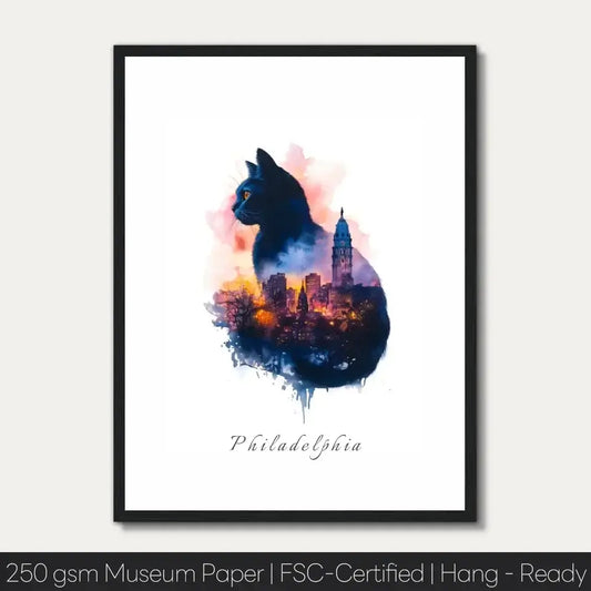 Watercolor cat silhouette featuring Philadelphia skyline, Liberty Bell, and Museum of Art. Cityscape Cats Urban series on museum paper.