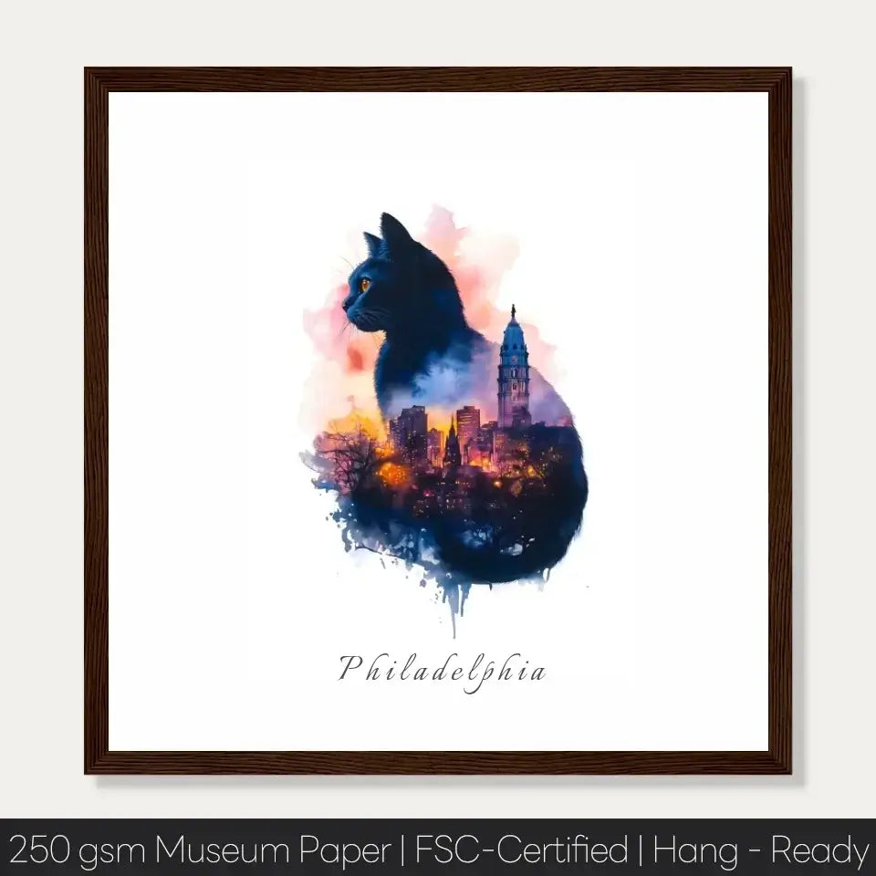 Watercolor art of Philadelphia cityscape inside a cat silhouette with historical landmarks like the Liberty Bell and skyscrapers.