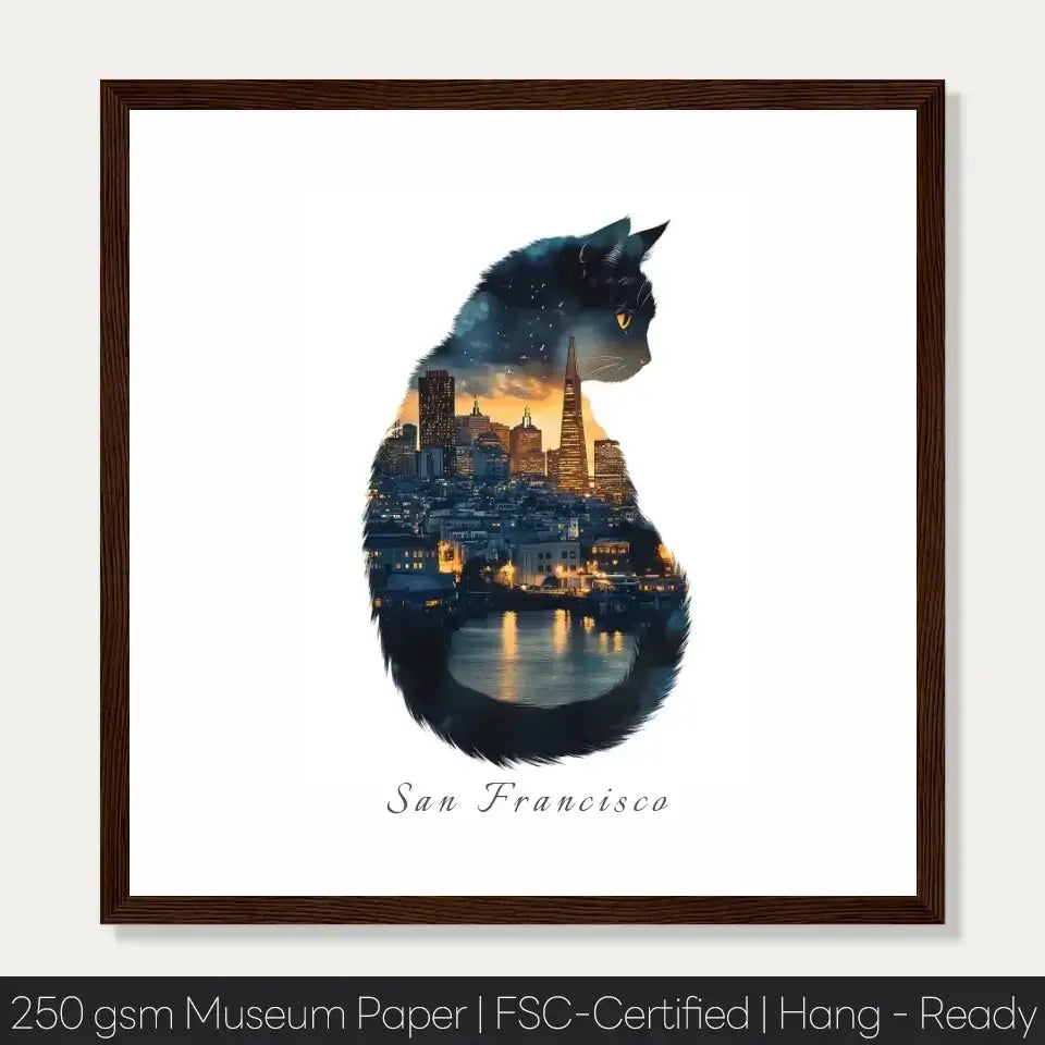 Watercolor of San Francisco skyline within a cat silhouette, showcasing city energy and landmarks on museum-quality paper.