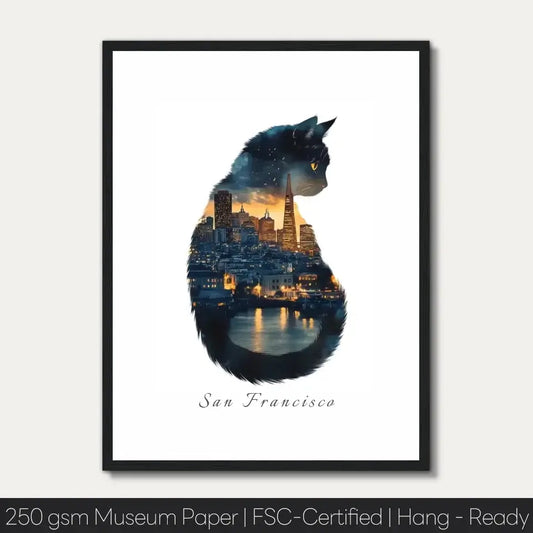 Watercolor painting of San Francisco skyline silhouette shaped like a cat, featuring iconic buildings and vibrant city lights.