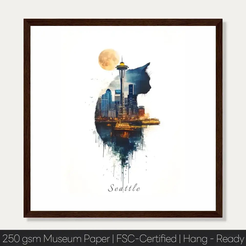 Watercolor art of Seattle skyline with Space Needle in cat silhouette, highlighting iconic landmarks like Pike Place Market.