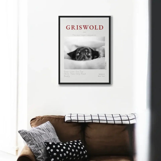 Black and white pet poster featuring a dog's portrait in a stylish living room setting, accentuating pet personality and story.