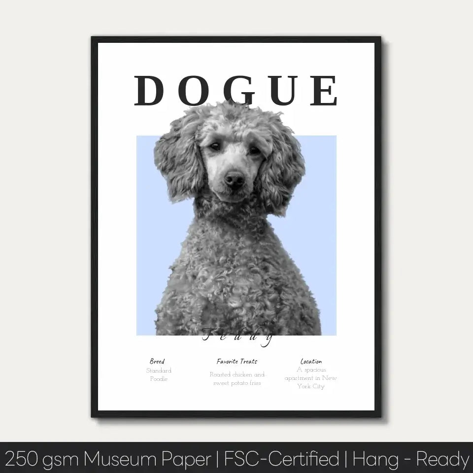 Personalized Dogue portrait featuring a poodle in monochrome style, perfect for home decor or gifting occasions.