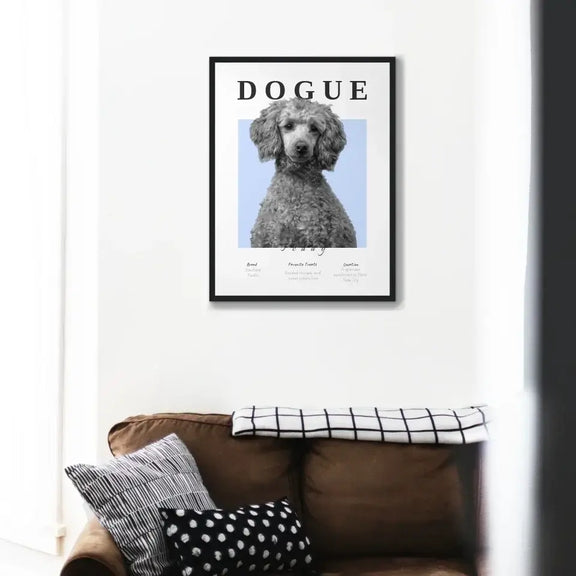 Stylish monochrome dog portrait on wall, part of the 'Dogue' personalized collection, perfect for home decor and gifts.