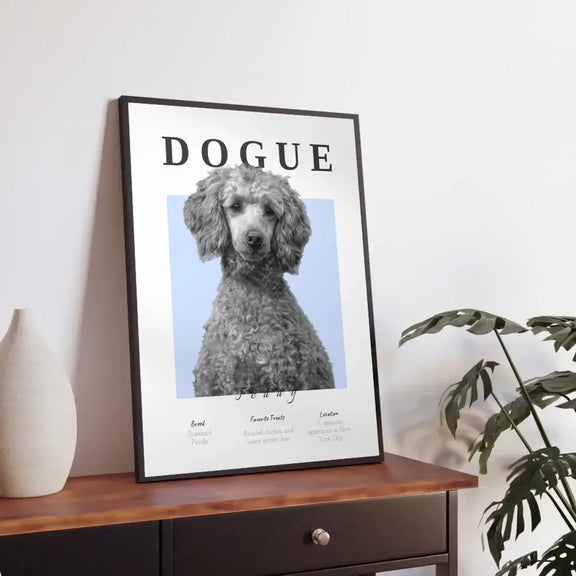 Personalized Dogue portrait in monochrome on table, modern home decor with poodle design, elegant pet art framed print.