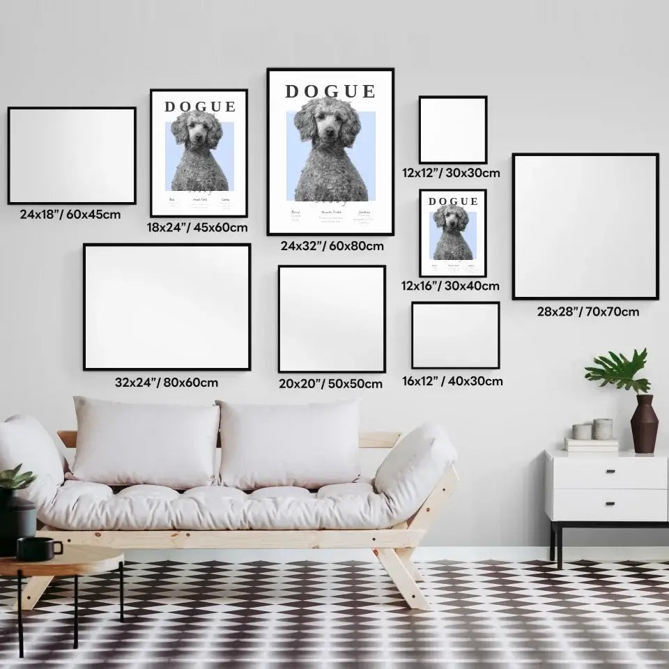 Stylish living room wall with 'Dogue' personalized dog portrait and various monochrome frame sizes, enhancing home decor.