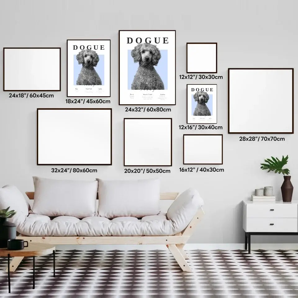 Stylish monochrome dog portrait gallery wall with various frame sizes, featuring the 'Dogue' personalized dog art for home decor.